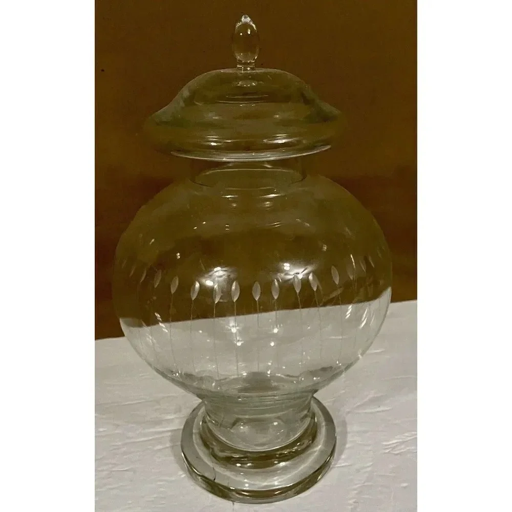 Clear Etched Glass Cookie Candy Jar Storage W/Lid 12 In H‎ x 7 In W 4.5 In Base